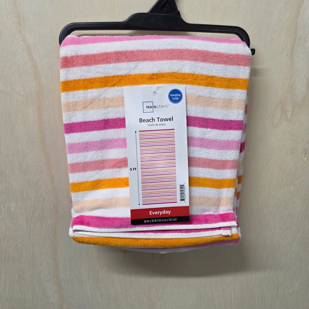 Mainstays Pink Orange Striped Beach Towel 60x30 Cotton Blend Hanging Loop NEW
